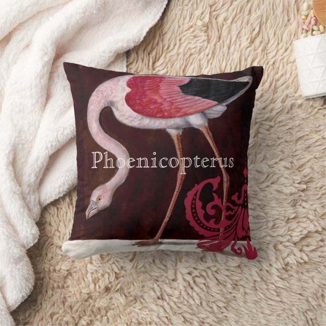 Phoenicopterus Vintage Flamingo Raspberry Damask Throw Pillow (Blanket)