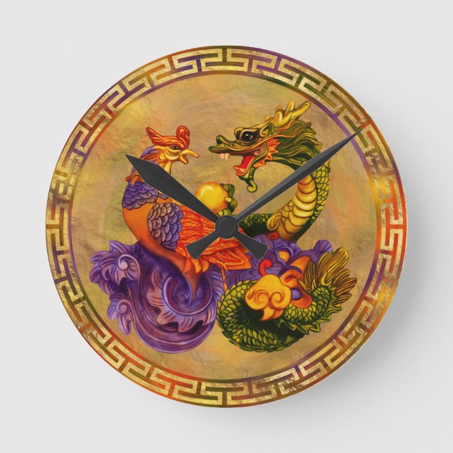 Phoenix and Dragon - color and gold Round Clock (Front)