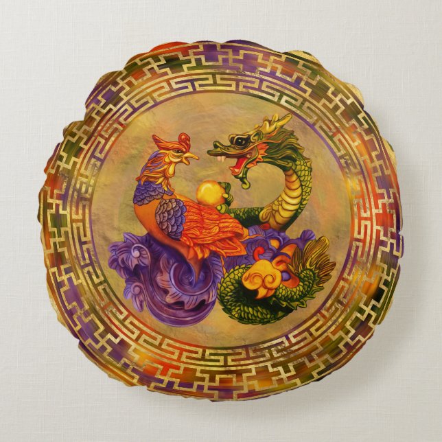 Phoenix and Dragon - color and gold Round Pillow (Front)