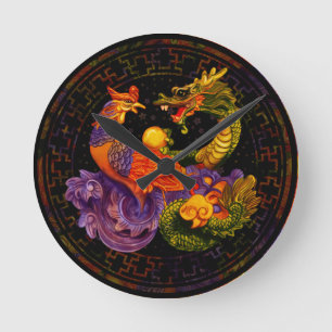 Phoenix and Dragon - in color Round Clock