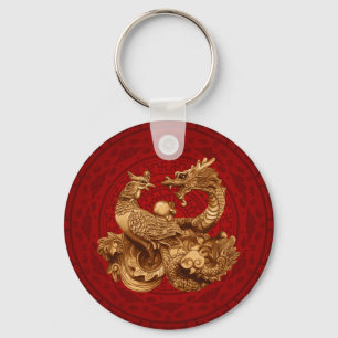 Phoenix and Dragon - on red Keychain