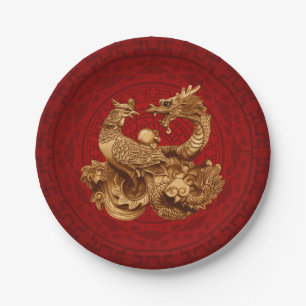 Phoenix and Dragon - on red Paper Plate