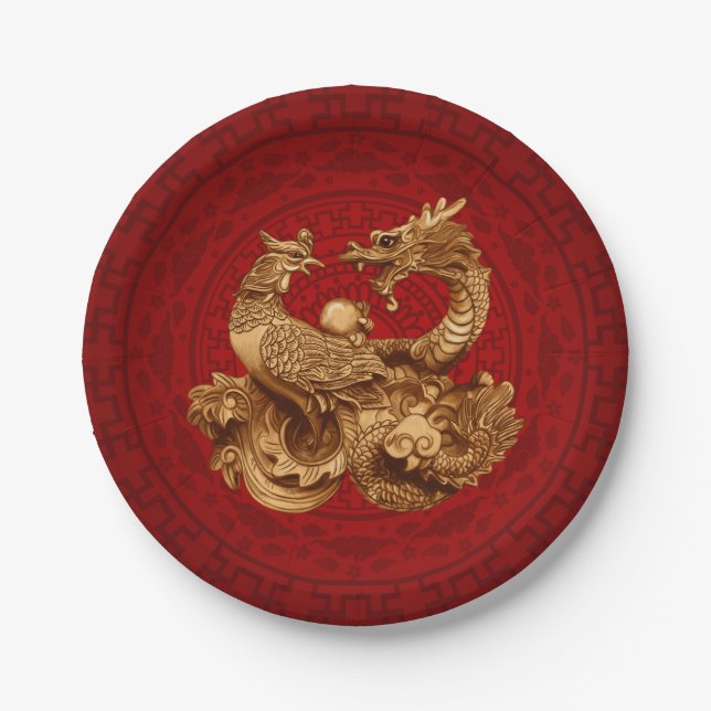 Phoenix and Dragon - on red Paper Plate (Front)