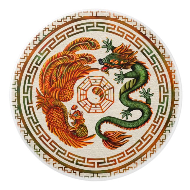 Phoenix and Dragon with bagua #3 Ceramic Knob (Front)