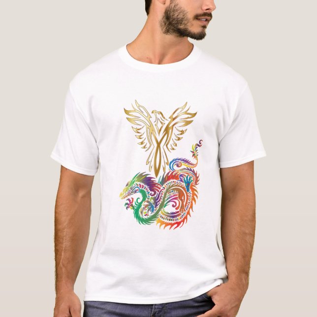 Phoenix and The Dragon Oriental Ying Yang Design T-Shirt (Front)