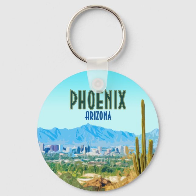 Phoenix Arizona City Cactus and Mountain Vintage Keychain (Front)