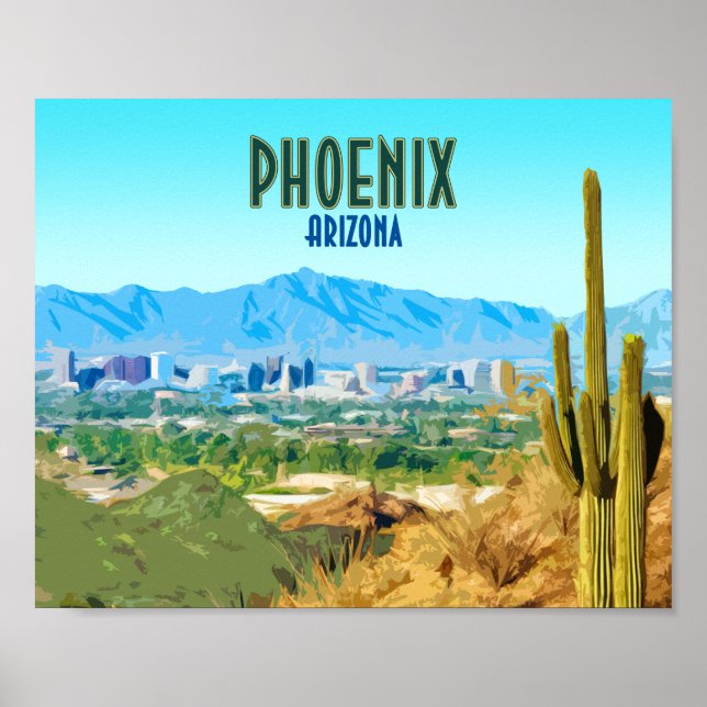 Phoenix Arizona City Cactus and Mountain Vintage Poster (Front)