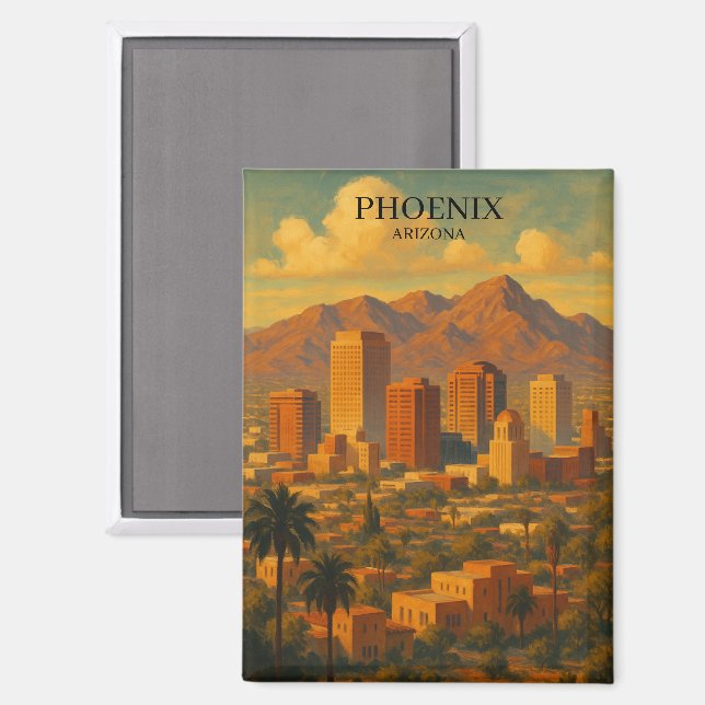 Phoenix Arizona Vintage Travel – Desert Skyline Magnet (Front/Back)