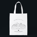 Phoenix, Arizona Wedding | Stylized Skyline Reusable Grocery Bag<br><div class="desc">A unique wedding bag for a wedding taking place in the beautiful city of Phoenix,  Arizona.  This bag features a stylized illustration of the city's unique skyline with its name underneath.  This is followed by your wedding day information in a matching open lined style.</div>