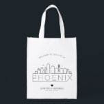 Phoenix, Arizona Wedding | Stylized Skyline Reusable Grocery Bag<br><div class="desc">A unique wedding bag for a wedding taking place in the beautiful city of Phoenix,  Arizona.  This bag features a stylized illustration of the city's unique skyline with its name underneath.  This is followed by your wedding day information in a matching open lined style.</div>