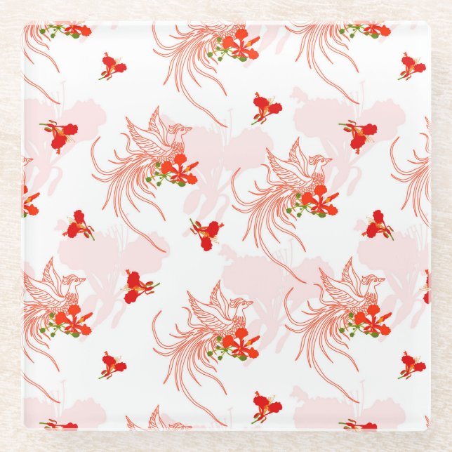 Phoenix Bird Floral Seamless Mythical Elegance Glass Coaster (Front)