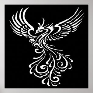 Phoenix Bird White Tribal Tattoo Design Poster