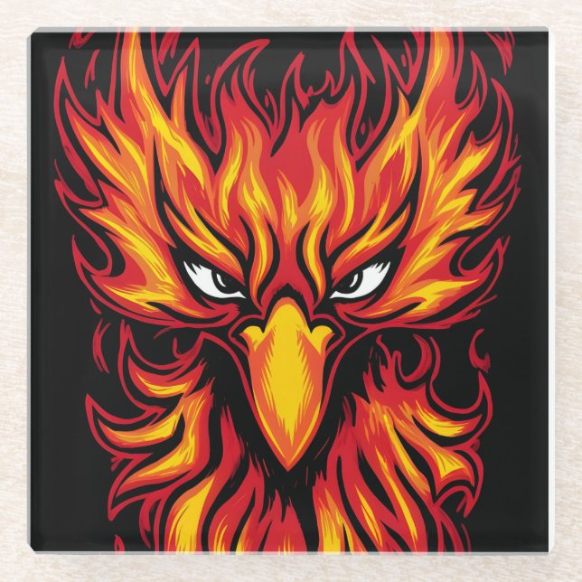 Phoenix Bird With Fiery Flames Graphic Art Design Glass Coaster (Front)