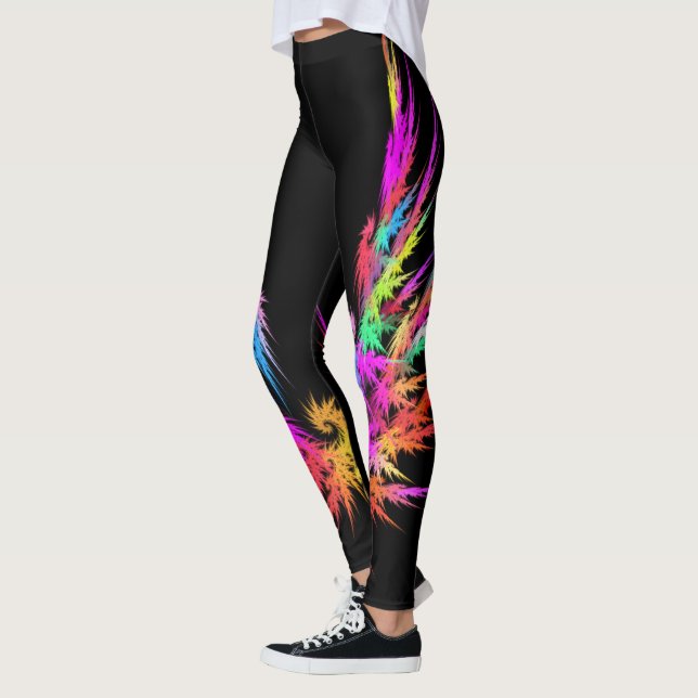 Phoenix - colourful fractal art on black leggings (Left)