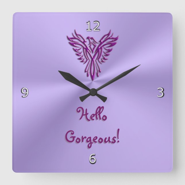 Phoenix Emblem Design with Hello Gorgeous text Square Wall Clock (Front)