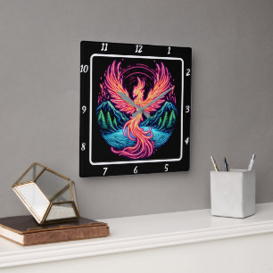 Phoenix Glow Over Tranquil Forests Square Wall Clock