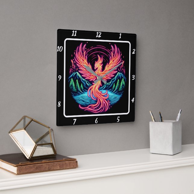 Phoenix Glow Over Tranquil Forests Square Wall Clock (Office)