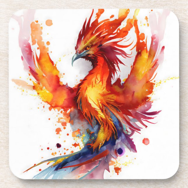 Phoenix in Flames Watercolor Design Coaster (Front)