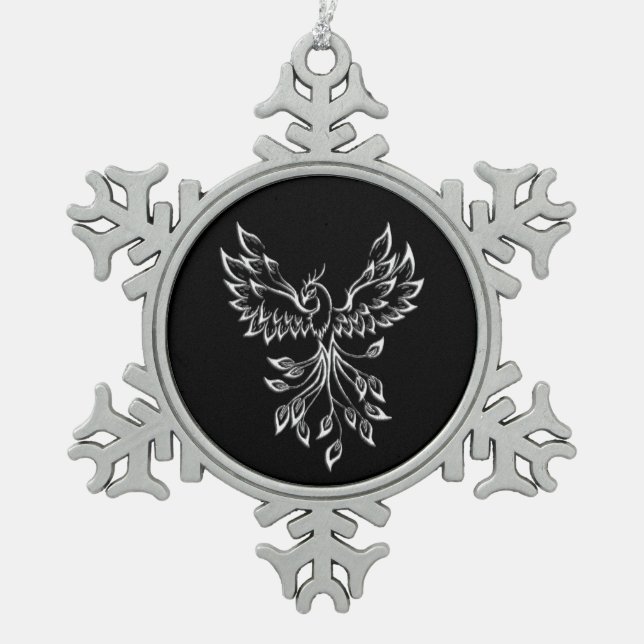 Phoenix Rises on Black Snowflake Pewter Christmas Ornament (Front)