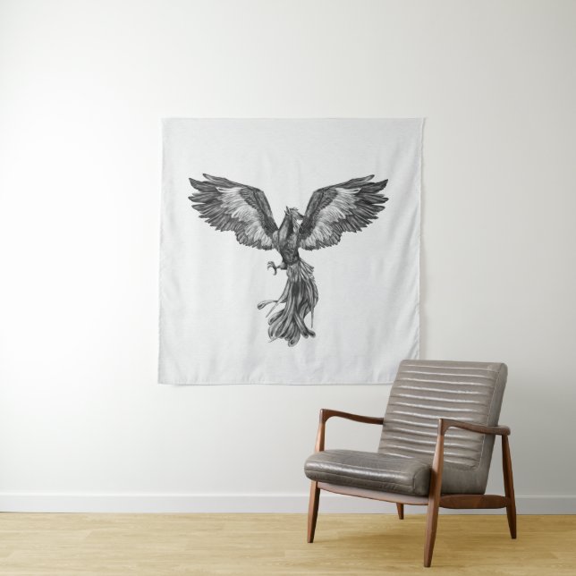 Phoenix Rising - Black and White Tapestry (In Situ)