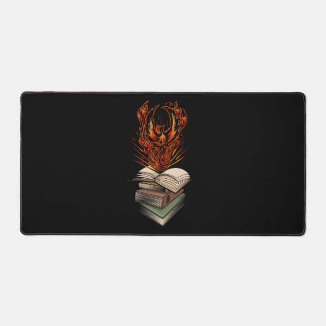 Phoenix Rising From Books Fire Fantasy Aesthetic Desk Mat (Front)