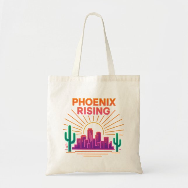 Phoenix Rising Neon City – Retro Synthwave Desert Tote Bag (Front)