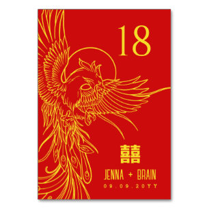 Phoenix Theme Double Happiness   Gold on Red Table Number