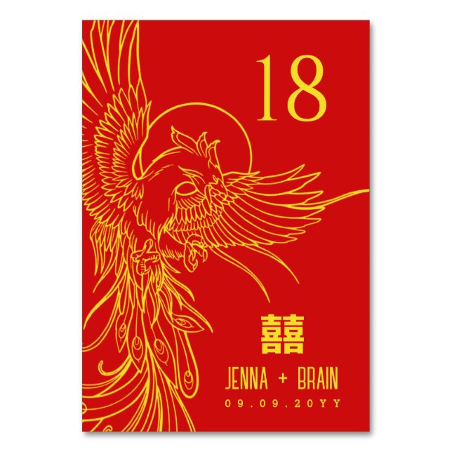 Phoenix Theme Double Happiness | Gold on Red Table Number (Front)
