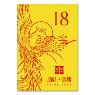 Phoenix Theme Double Happiness   Red on Gold Table Number