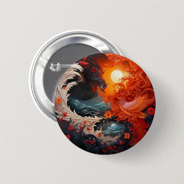 Phoenix Wave Yin Yang Martial Arts 2 Inch Round Button (Front & Back)