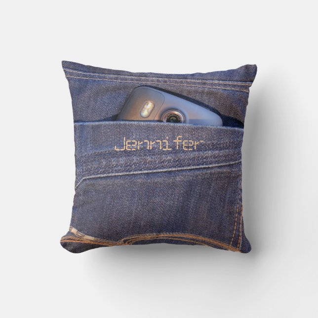 Phone in blue jeans pocket monogram name cool throw pillow (Front)