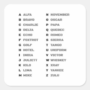 Phonetic Alphabet ALFA BRAVO CHARLIE Square Sticker
