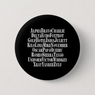 PHONETIC ALPHABET / CODE WORDS 2 INCH ROUND BUTTON