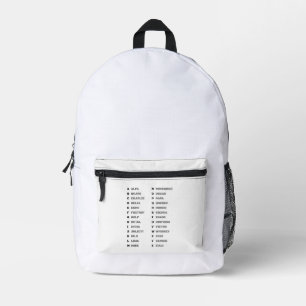 Phonetic Alphabet for the Military ALFA-ZULU Printed Backpack