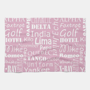 Phonetic Alphabet Pattern White on Light Pink Kitchen Towel