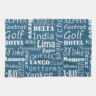 Phonetic Alphabet Pattern White on Nautical Blue Kitchen Towel