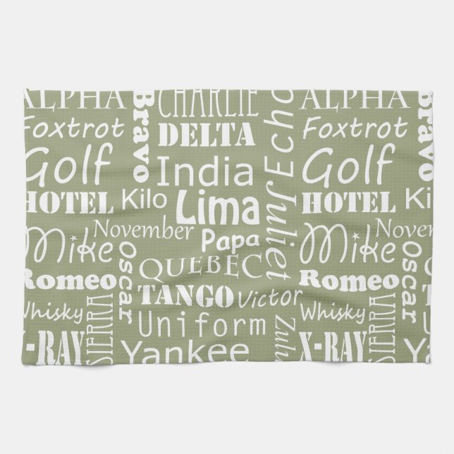 Phonetic Alphabet Pattern White on Sage Green Kitchen Towel (Horizontal)