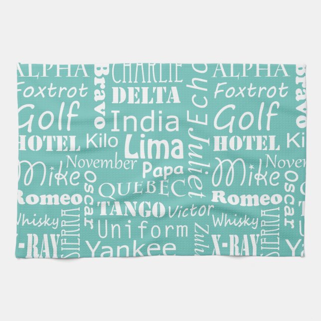 Phonetic Alphabet Phrases White on Aqua Blue Kitchen Towel (Horizontal)