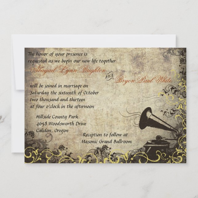 Phonographe Vintage Mariage Invitation Jaune (Devant)