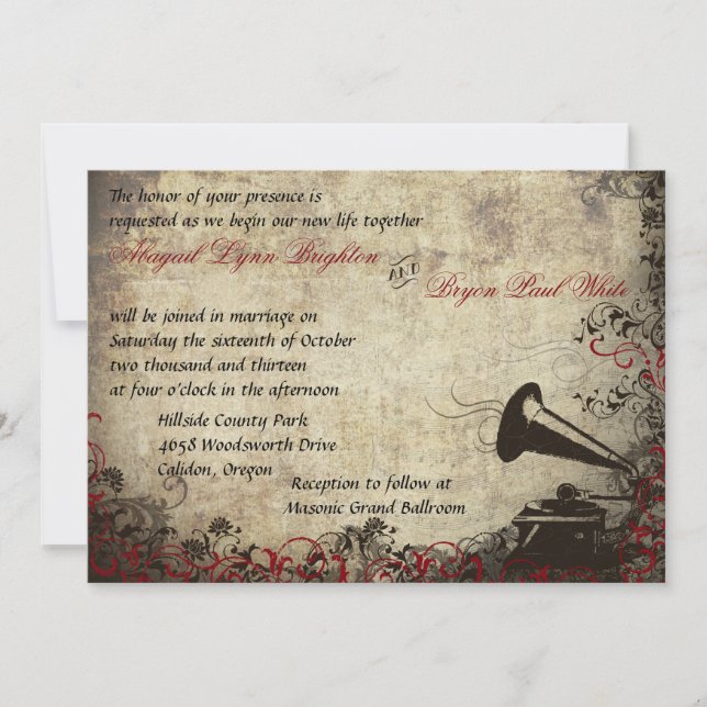 Phonographe Vintage Wedding Invitation Rouge (Devant)