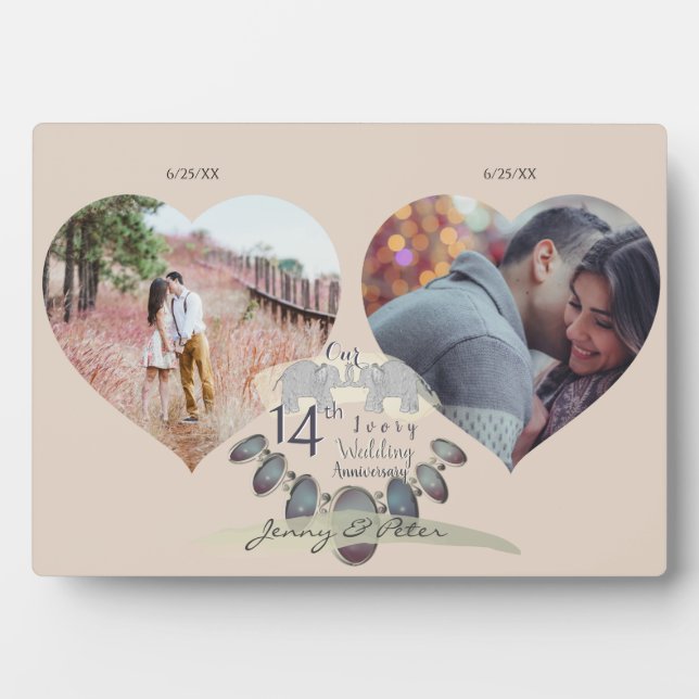 Photo 14e anniversaire du Mariage 2 photos Plaque Coeurs (Devant)