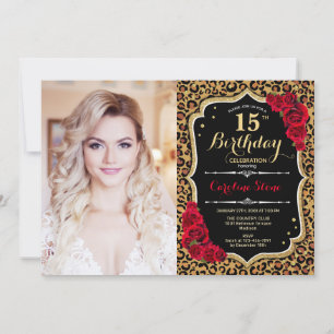 Photo 15th Birthday Party Red Gold Leopard Print Invitation