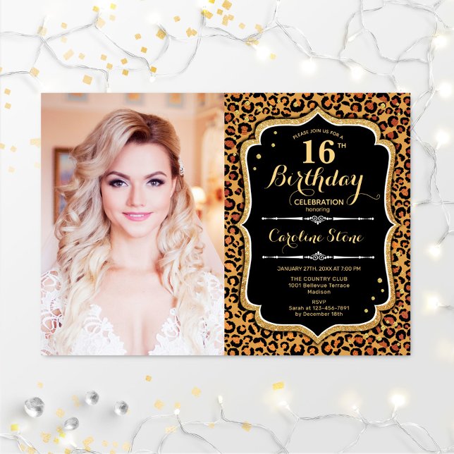 Photo 16th Birthday Party Gold Black Leopard Print Invitation (Creator Uploaded)