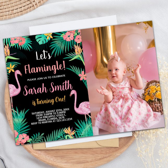 Photo 1er Flamant rose rose Invitations d'annivers (Photo 1st Pink Flamingo Birthday Invitations)