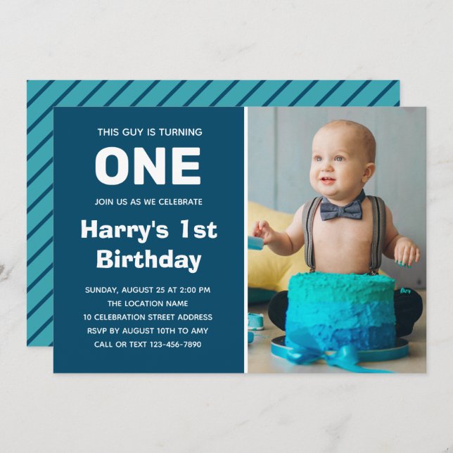 Photo 1st Birthday Invitation | Boy First Birthday (Front/Back)