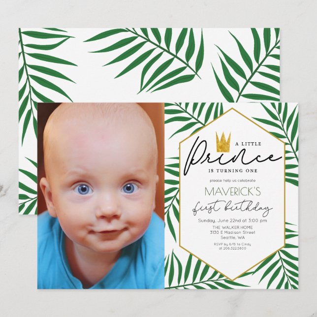 PHOTO - 1st Birthday Little Prince Leaf Invitation (Front/Back)
