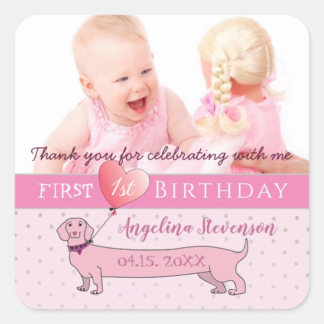 Photo 1st Birthday Thank You Pink Square Sticker (Front)