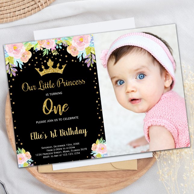 Photo 1st Black Floral Princess Birthday Invitation (Photo 1st Black Floral Princess Birthday Invitation)