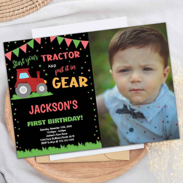 Photo 1st Red Flags Tractor Invitations d'annivers (Photo 1st Red Flags Tractor Birthday Invitations)