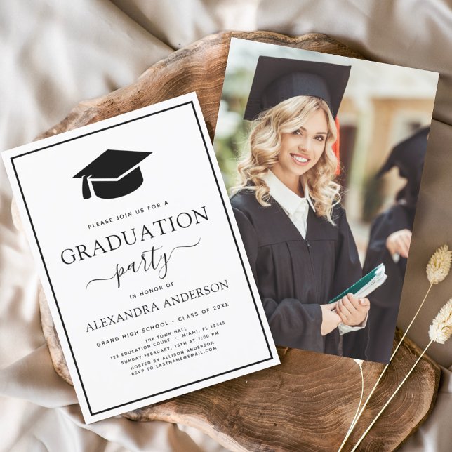 Photo 2024 Graduation Party Elegant Black White In Invitation (Creator Uploaded)